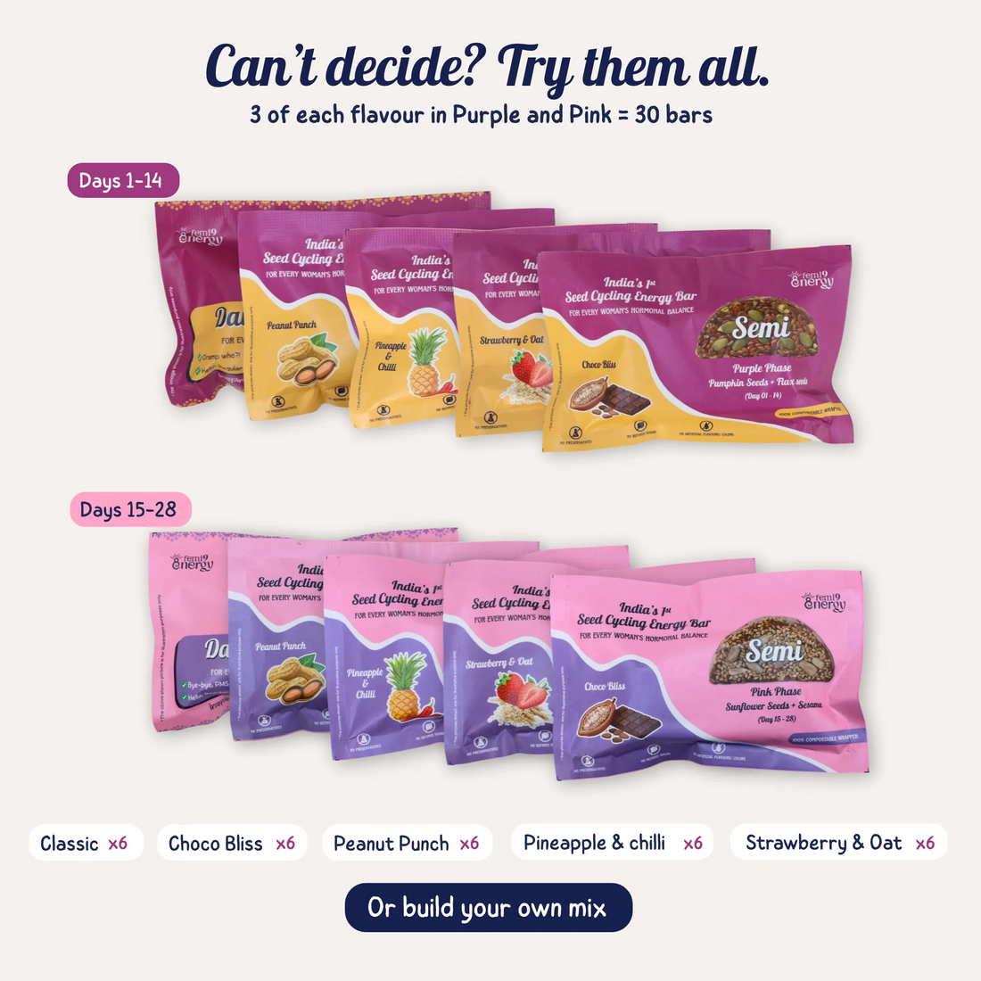 Build Your Monthly Pack starts with 3 of each flavour in Purple and Pink, 30 bars, and you can change the mix