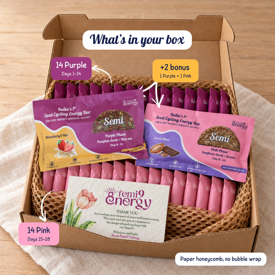 Inside the Build Your Monthly Pack: 15 Purple and 15 Pink Semi bars in the flavours you choose, in a kraft box