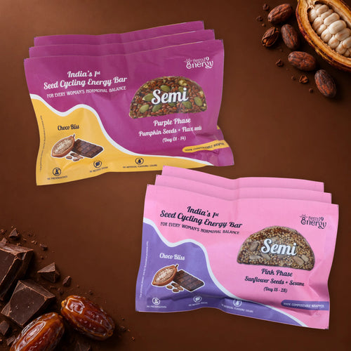 Choco Bliss Monthly Pack: Purple Semi bars for days 1–14 and Pink Semi bars for days 15–28