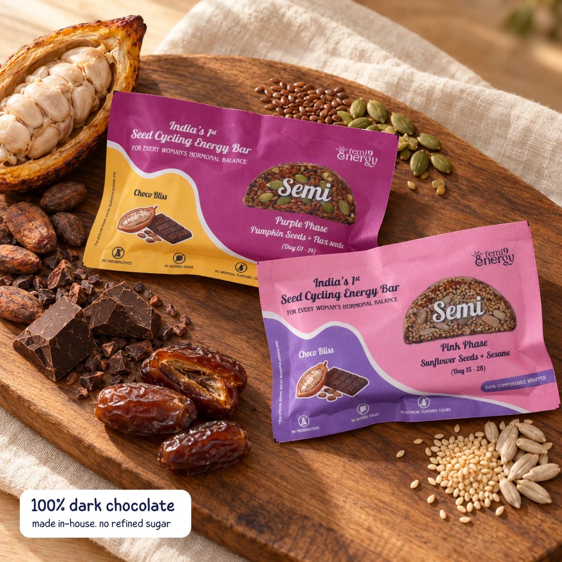 Purple and Pink Semi Choco Bliss bars with their real ingredients