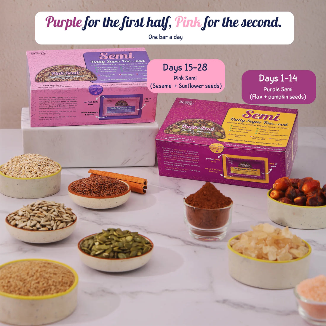 How Semi works: one Purple bar a day on days 1 to 14, then one Pink bar a day on days 15 to 28