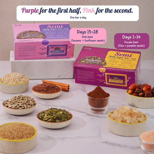 How Semi works: one Purple bar a day on days 1 to 14, then one Pink bar a day on days 15 to 28