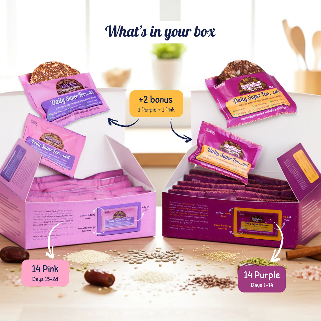 Inside the Classic Monthly Pack: 15 Purple and 15 Pink Semi bars in a kraft box with paper honeycomb and a seed-paper card