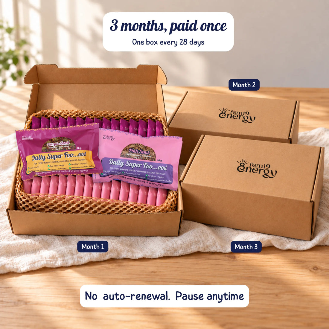 Classic 3-month plan: three Semi Monthly Pack boxes, paid once and delivered one every 28 days