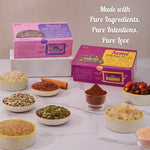 Pink Semi and Purple semi seed cycling superfood boxes surrounded by natural ingredients like pumpkin seeds, flaxseeds, sunflower seeds, sesame, dates, gond katira, cinnamon, salt, oat extracts and cocoa powder.