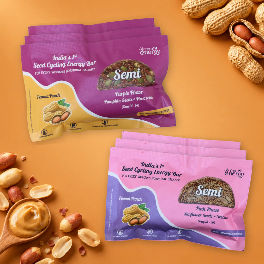Peanut Punch Monthly Pack: Purple Semi bars for days 1–14 and Pink Semi bars for days 15–28