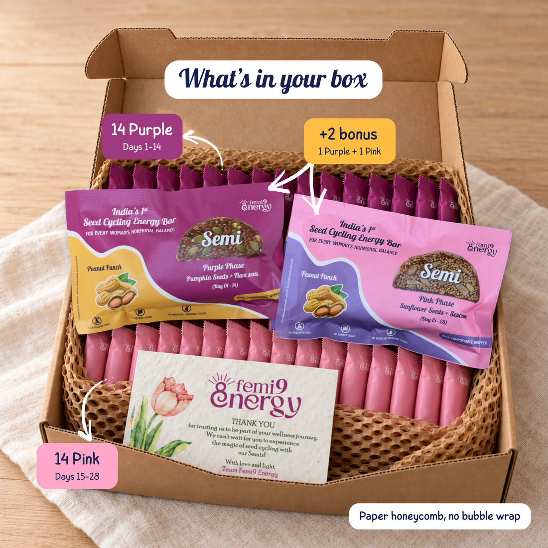 Inside the Peanut Punch Monthly Pack: 15 Purple and 15 Pink Semi bars in a kraft box with paper honeycomb and a seed-paper card