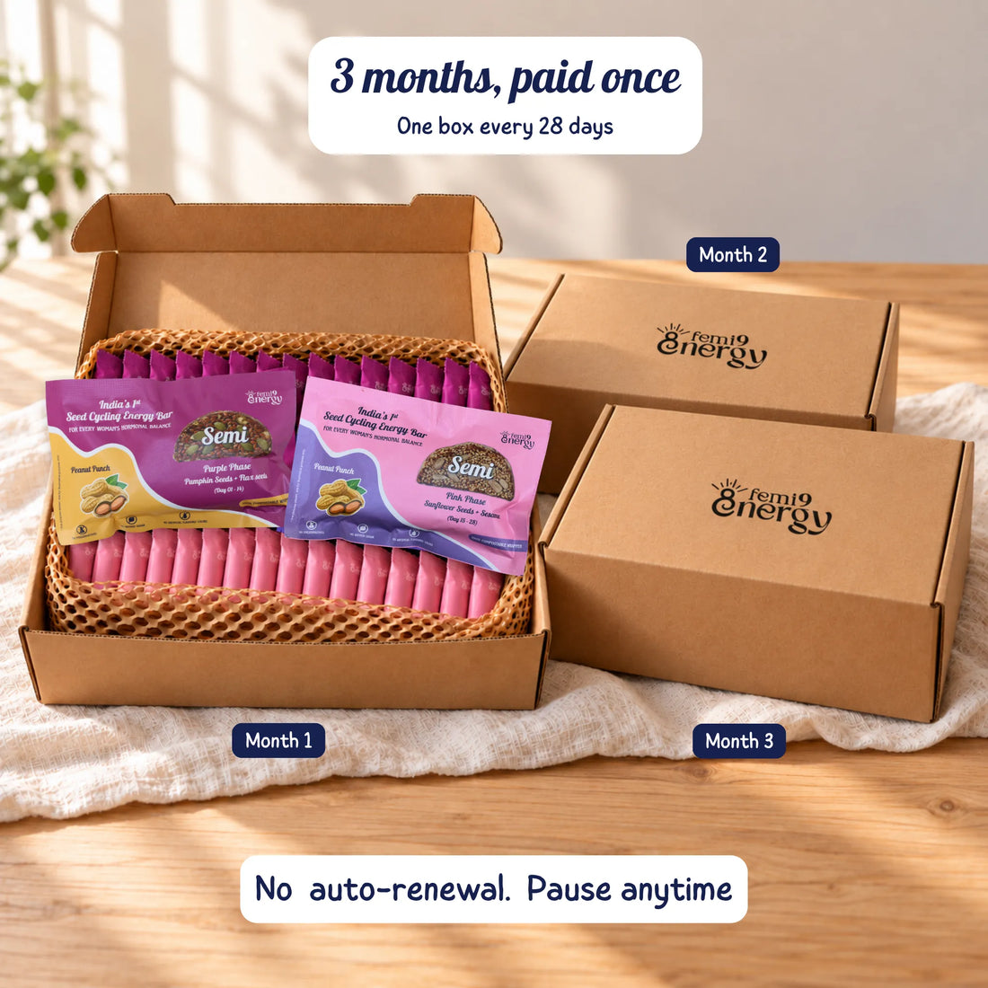 Peanut Punch 3-month plan: three Semi Monthly Pack boxes, paid once and delivered one every 28 days