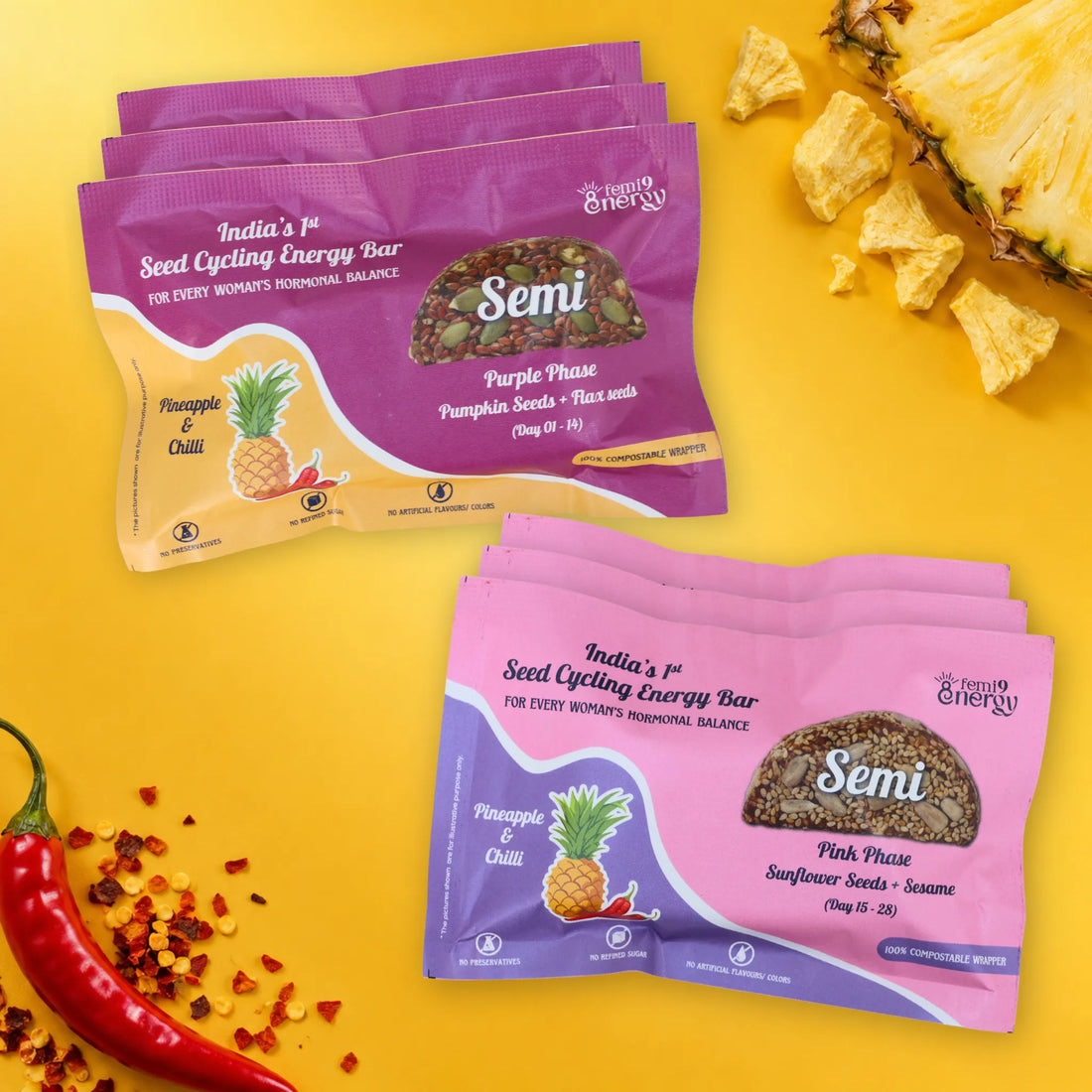 Pineapple & Chilli Monthly Pack: Purple Semi bars for days 1–14 and Pink Semi bars for days 15–28