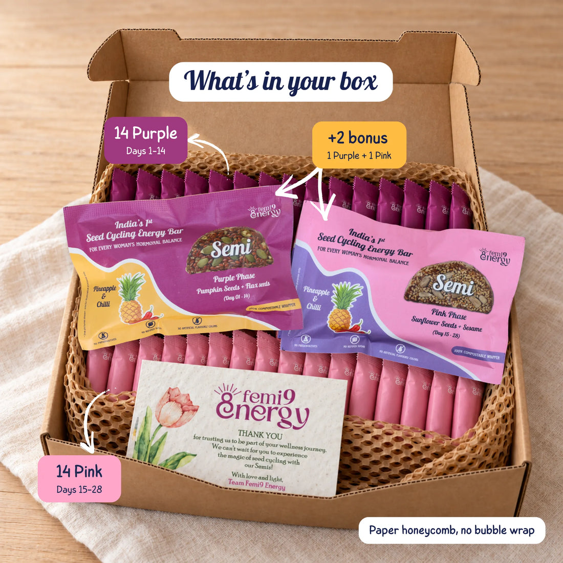 Inside the Pineapple & Chilli Monthly Pack: 15 Purple and 15 Pink Semi bars in a kraft box with paper honeycomb and a seed-paper card