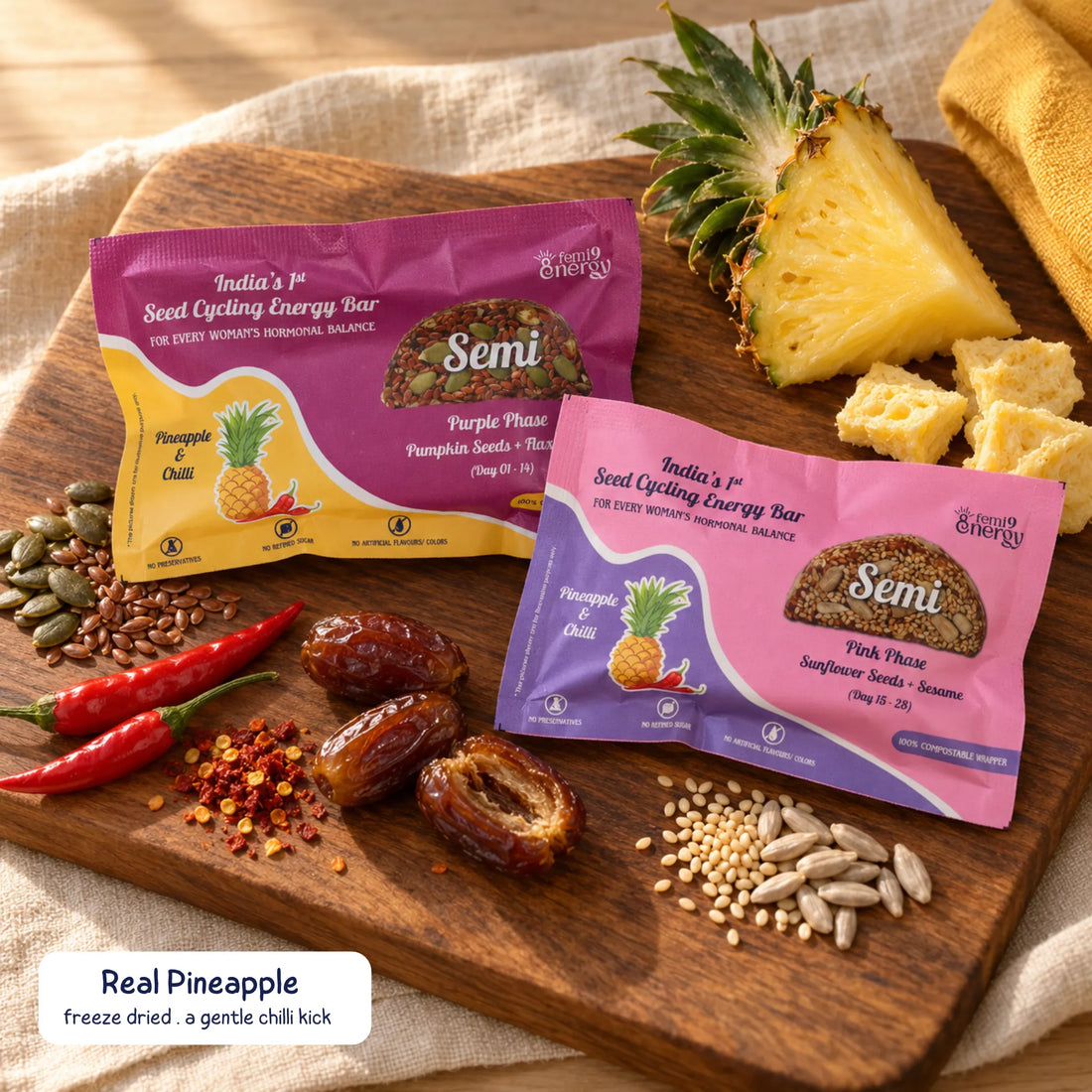Purple and Pink Semi Pineapple & Chilli bars with their real ingredients
