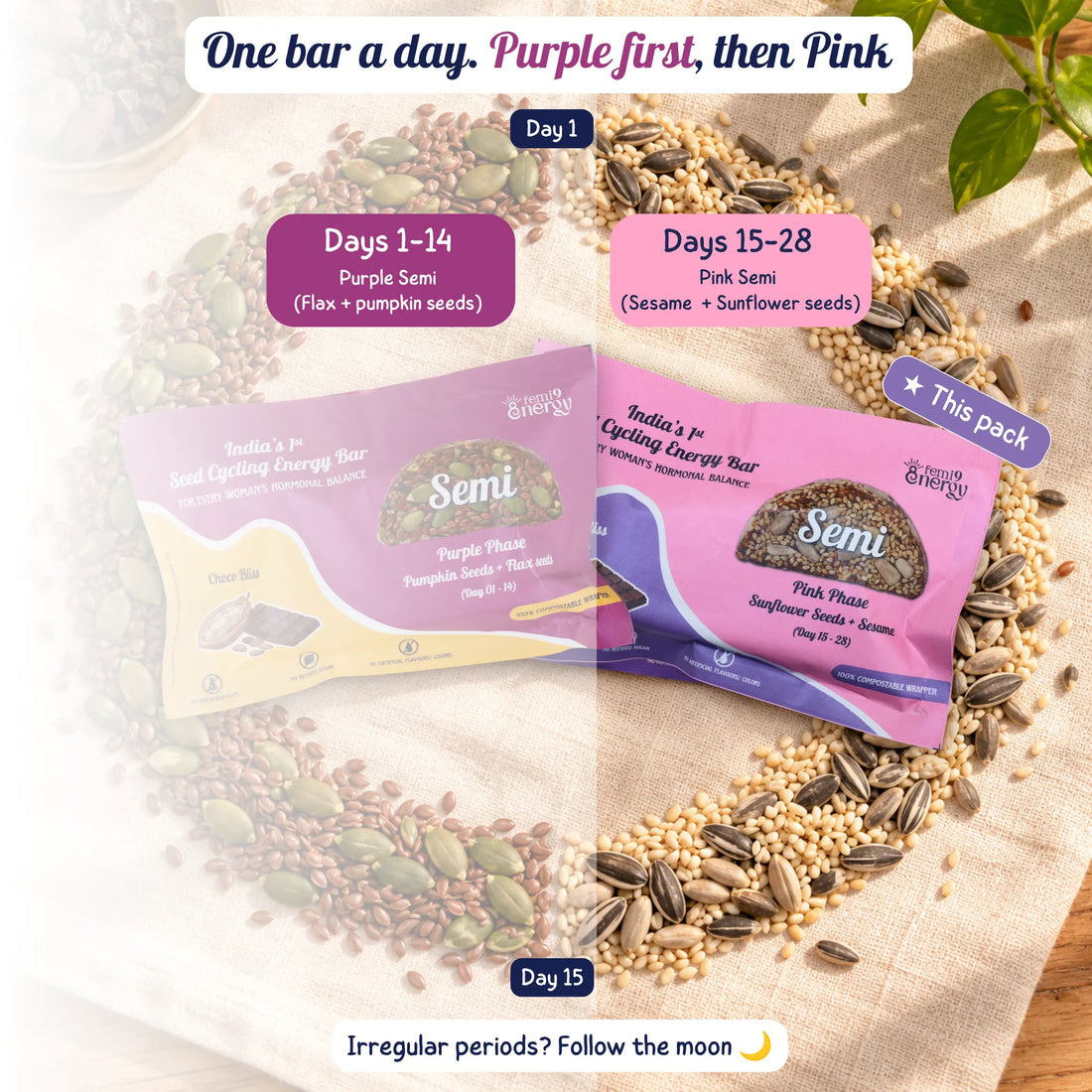 Pink Semi is for days 15 to 28 of your cycle, with sesame and sunflower seeds