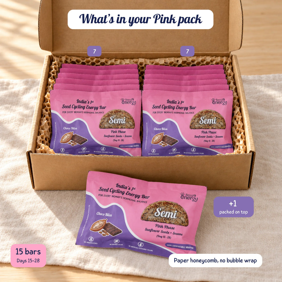15 Pink Semi bars in a kraft box with paper honeycomb