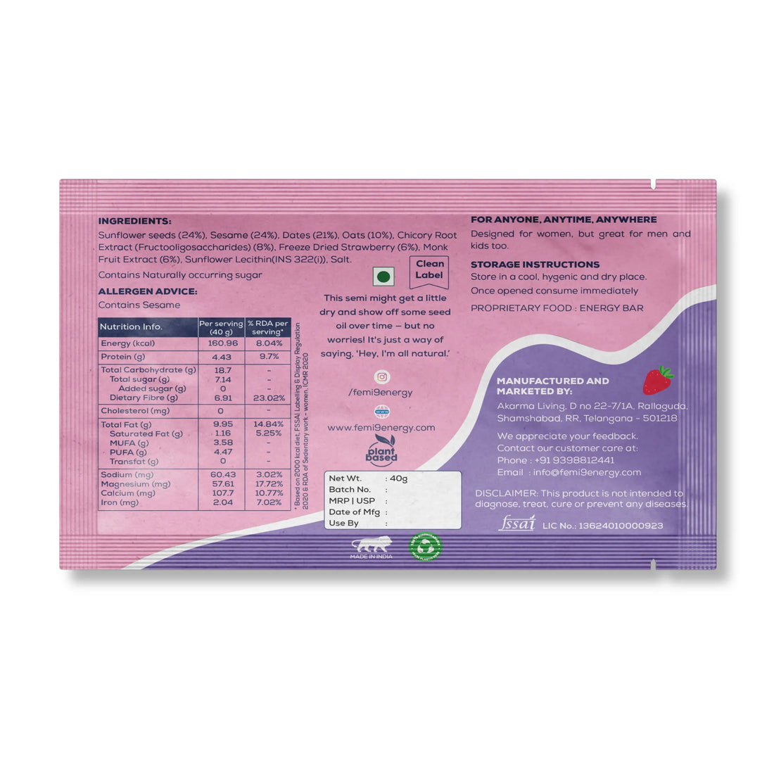 Ingredients and nutrition on the back of the Pink Semi Strawberry & Oat wrapper