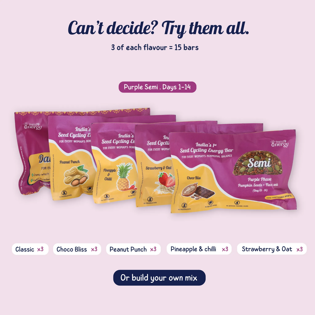 Purple Semi Assorted: 3 of each flavour, 15 bars for days 1–14, or build your own mix