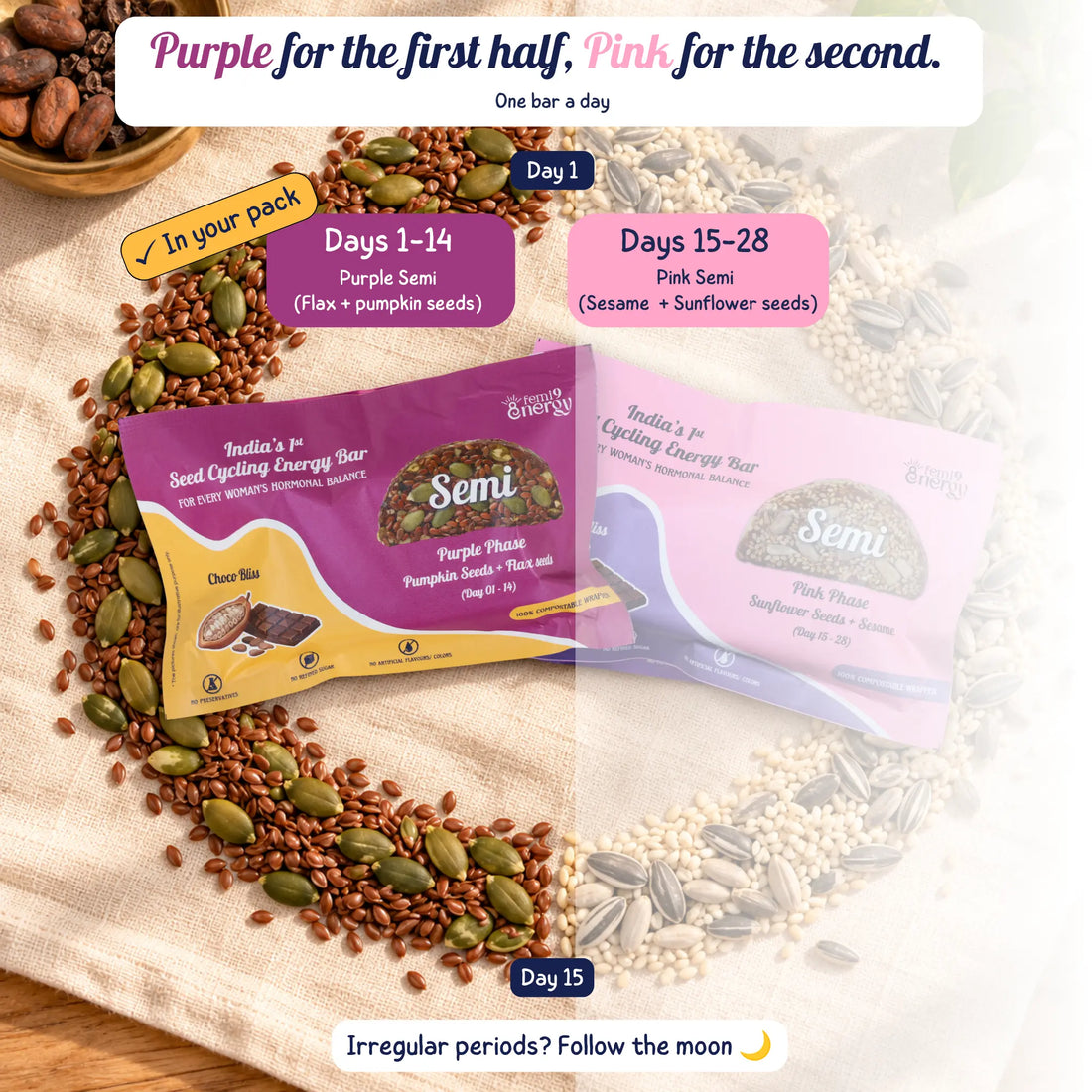 Purple Semi is for days 1 to 14 of your cycle, with flax and pumpkin seeds