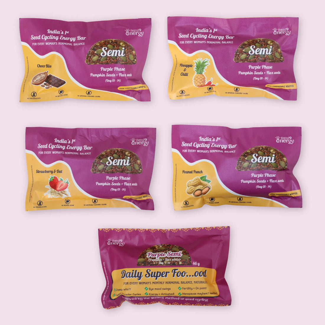 Purple Semi phase 1 pack in five flavours: Choco Bliss, Peanut Punch, Pineapple & Chilli, Strawberry & Oat, Classic
