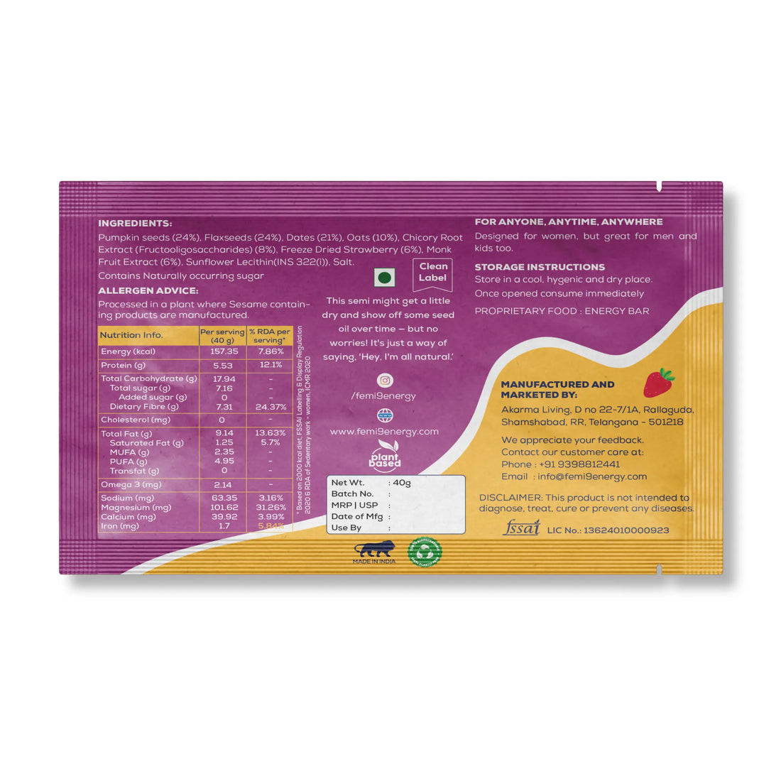 Ingredients and nutrition on the back of the Purple Semi Strawberry & Oat wrapper