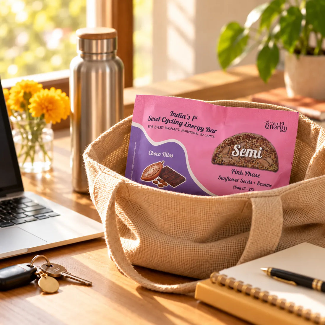 Pink Semi Choco Bliss seed cycling bar tucked in a jute tote bag on a work desk