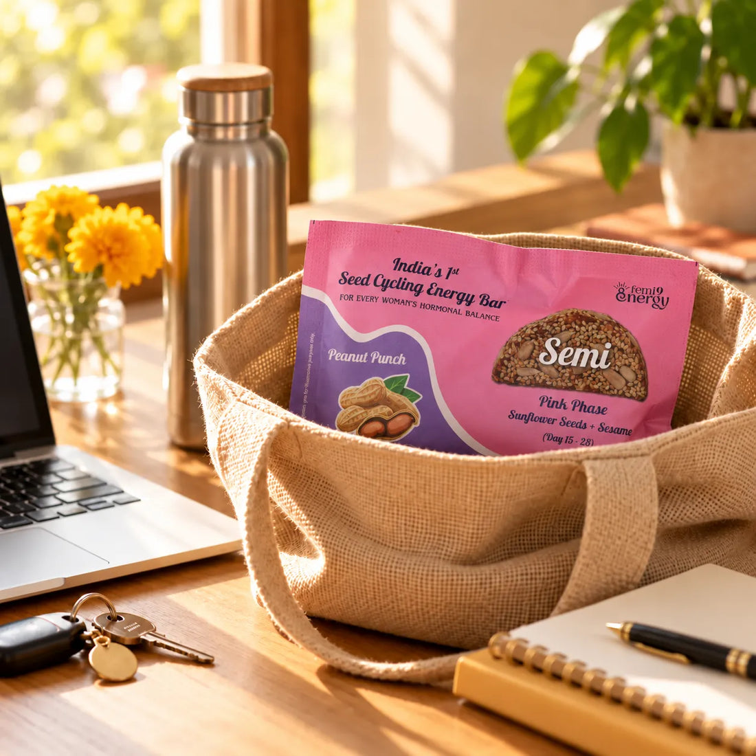 Pink Semi Peanut Punch seed cycling bar tucked in a jute tote bag on a work desk