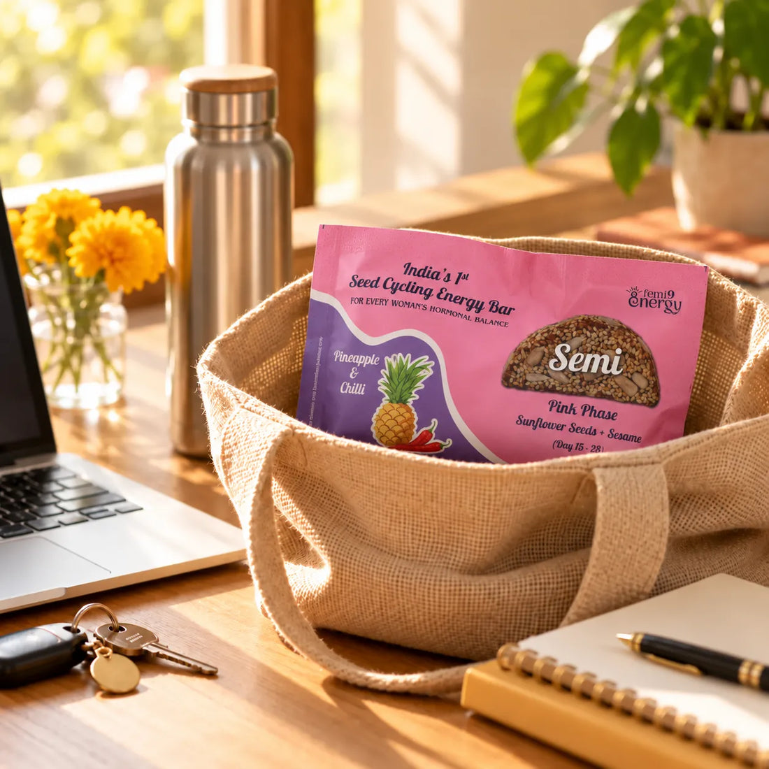 Pink Semi Pineapple & Chilli seed cycling bar tucked in a jute tote bag on a work desk