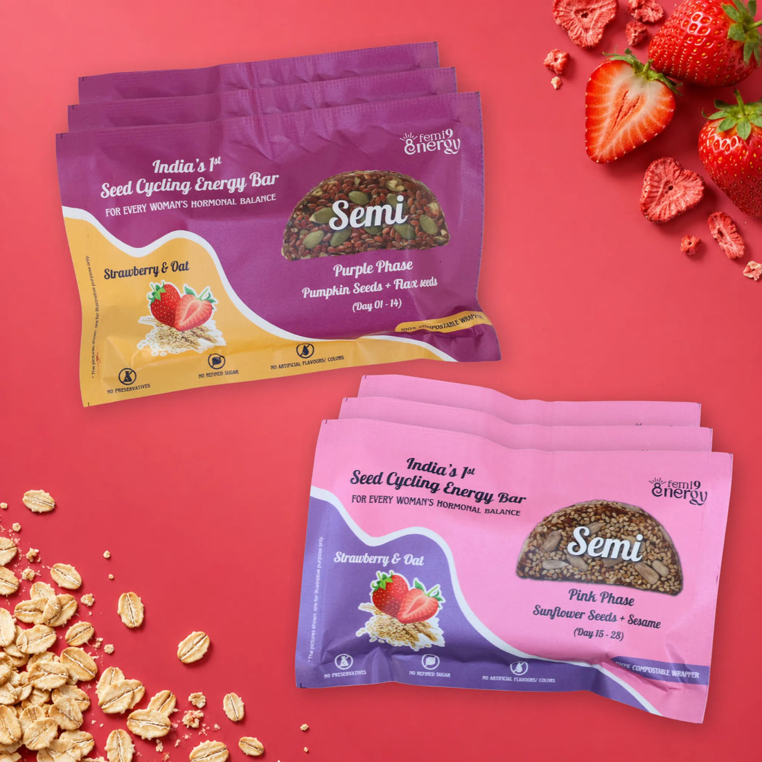 Strawberry & Oat Monthly Pack: Purple Semi bars for days 1–14 and Pink Semi bars for days 15–28