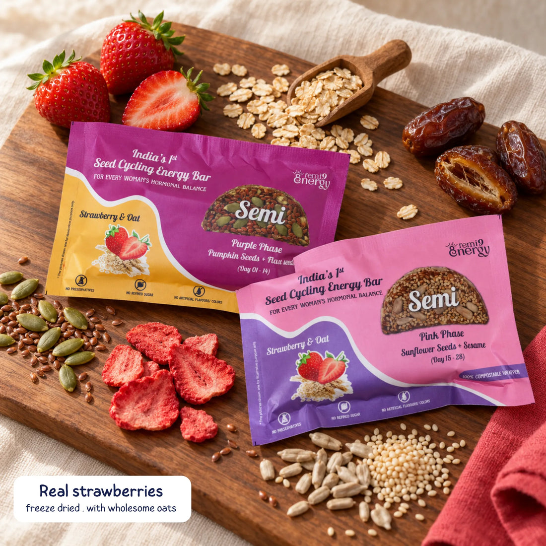 Purple and Pink Semi Strawberry & Oat bars with their real ingredients