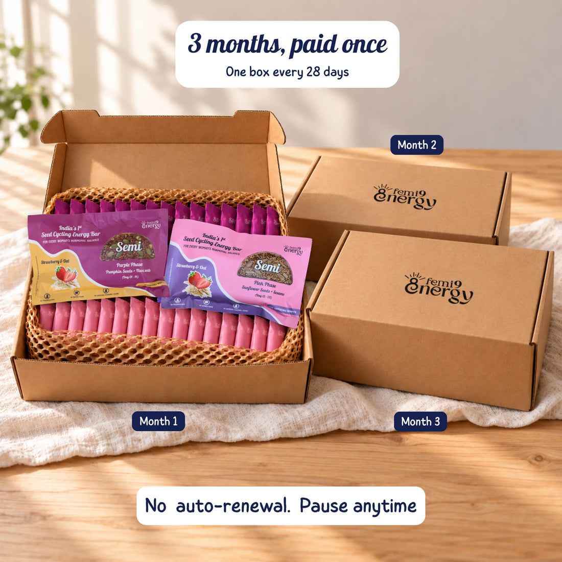 Strawberry & Oat 3-month plan: three Semi Monthly Pack boxes, paid once and delivered one every 28 days