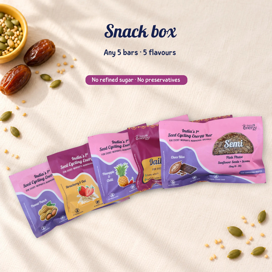 The Semi Edit: 5 Semi seed bars in Purple and Pink, in Choco Bliss, Peanut Punch, Strawberry & Oat, Pineapple & Chilli and Classic