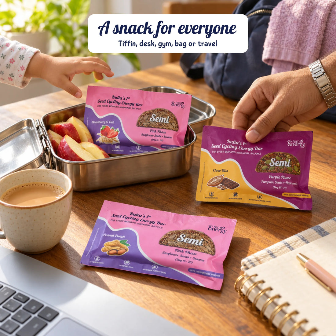 Semi bars for the whole family: in a school tiffin, beside a laptop and chai, and ready for the gym bag