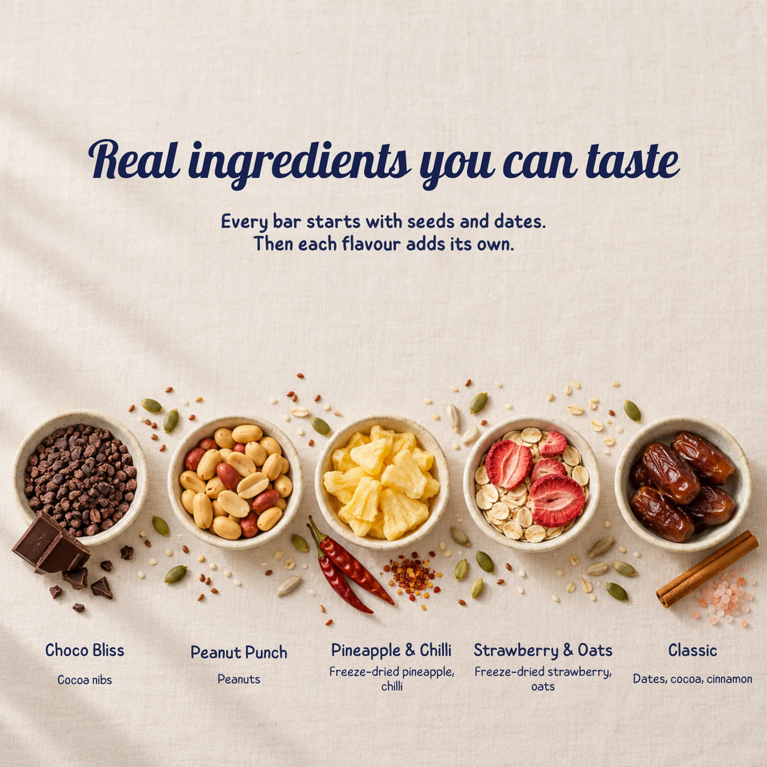 Ingredients in Semi’s flavours: cocoa nibs, peanuts, freeze-dried pineapple with chilli, freeze-dried strawberry with oats, and dates with cinnamon