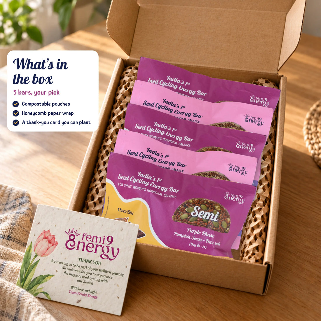 The Semi Edit opened: 5 Semi bars in compostable pouches, with honeycomb paper wrap and a plantable seed-paper thank-you card