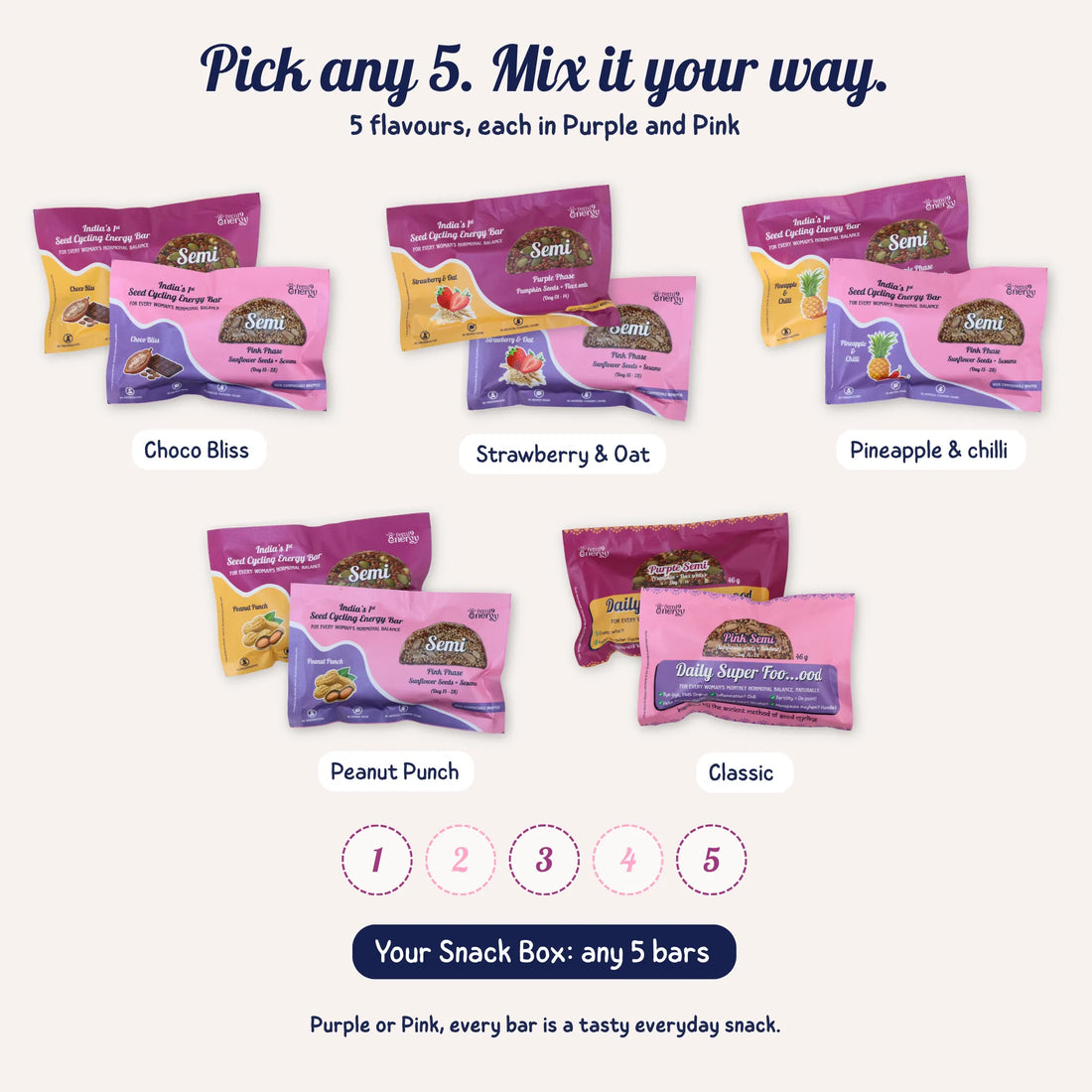 Pick any 5 Semi bars: Choco Bliss, Peanut Punch, Pineapple & Chilli, Strawberry & Oat and Classic, each in Purple and Pink